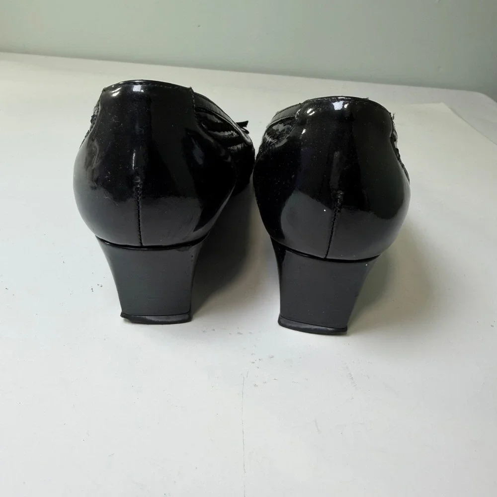 Stuart Weitzman Black Patent Woven Bow Wedge Pumps JW 25763 Size 8 M‎